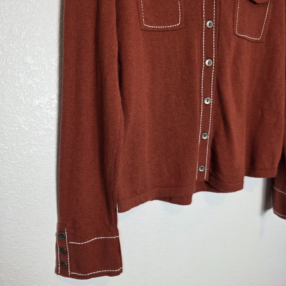 Minnie Rose Cotton Cashmere Top Stitch Embroidered Button Down Shirt - Picture 6 of 8